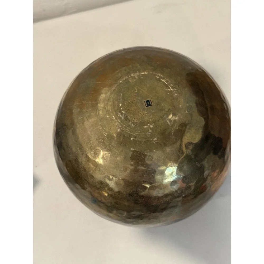 Vintage Hammered‎ Brass Orb Vase 1980s Spherical Globe Flower Planter Patina 6